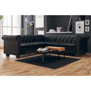 Canapé d'angle Chesterfield 5 places – Simili cuir noir